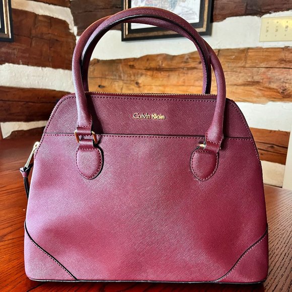 Vintage Calvin Klein Saffiano Leather Bag – Maroon - Picture 1 of 5